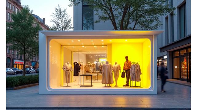 Brightly lit temporary retail pop-up shop