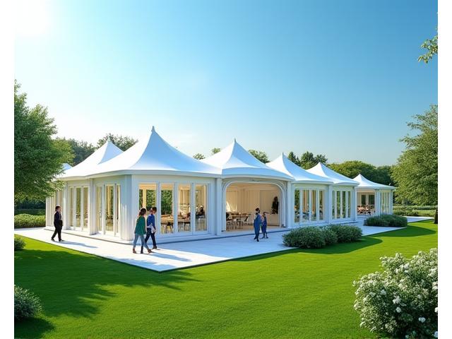 Vibrant temporary event pavilion under blue sky