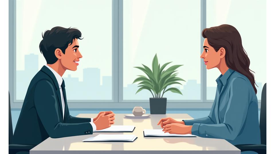 Illustration of a person speaking with a legal expert, surrounded by documents and a friendly, approachable atmosphere, representing consultation and support services.