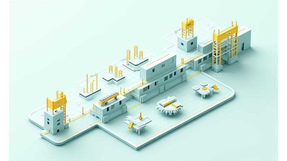 Diagram showing a structured construction project timeline with milestones and quality control checks, representing efficiency and reliability.