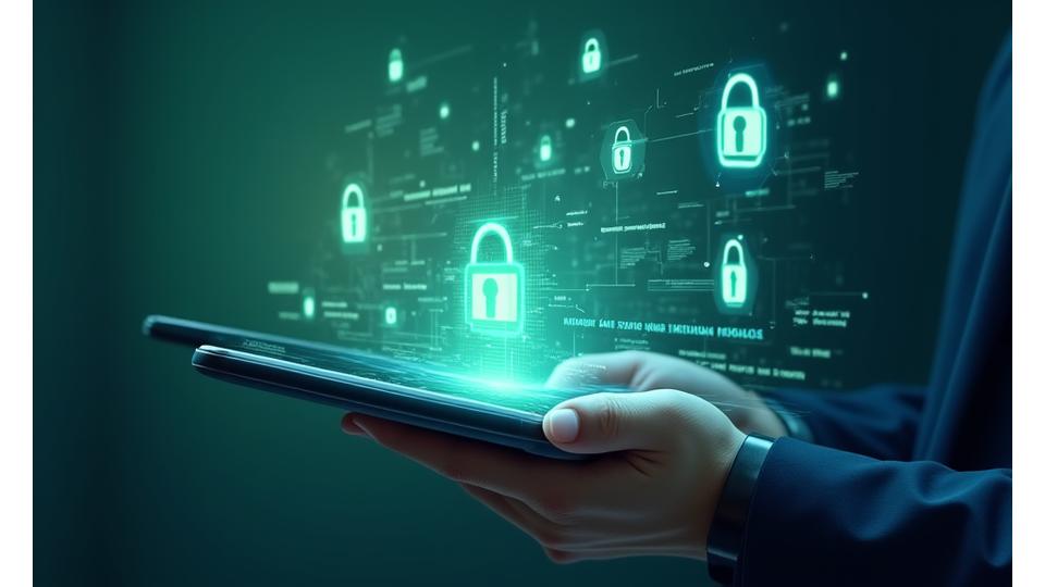 Illustration of a person reviewing digital terms and conditions on a tablet, with secure padlock icons and smooth, flowing lines, emphasizing data integrity and user protection.